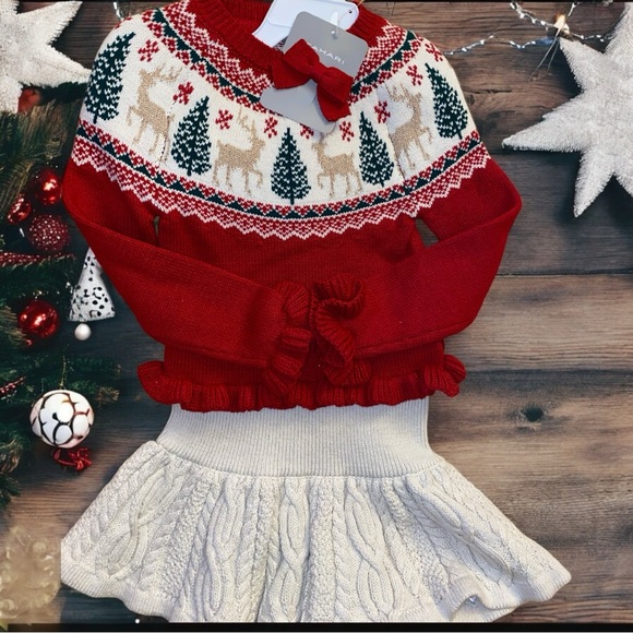 NEW TAHARI KIDS HOLIDAY SET•REINDEER SWEATER•CABLE-KNIT SKIRT•HAIR BOW•S/2T🎄 - Picture 2 of 13